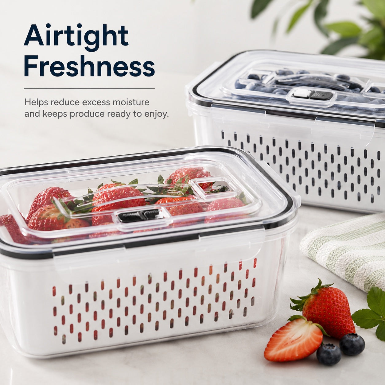 Close-up of Noova produce containers with secure lids and removable colanders