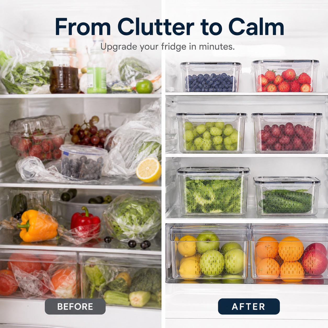 Before and after comparison of a cluttered fridge and an organized fridge with Noova containers