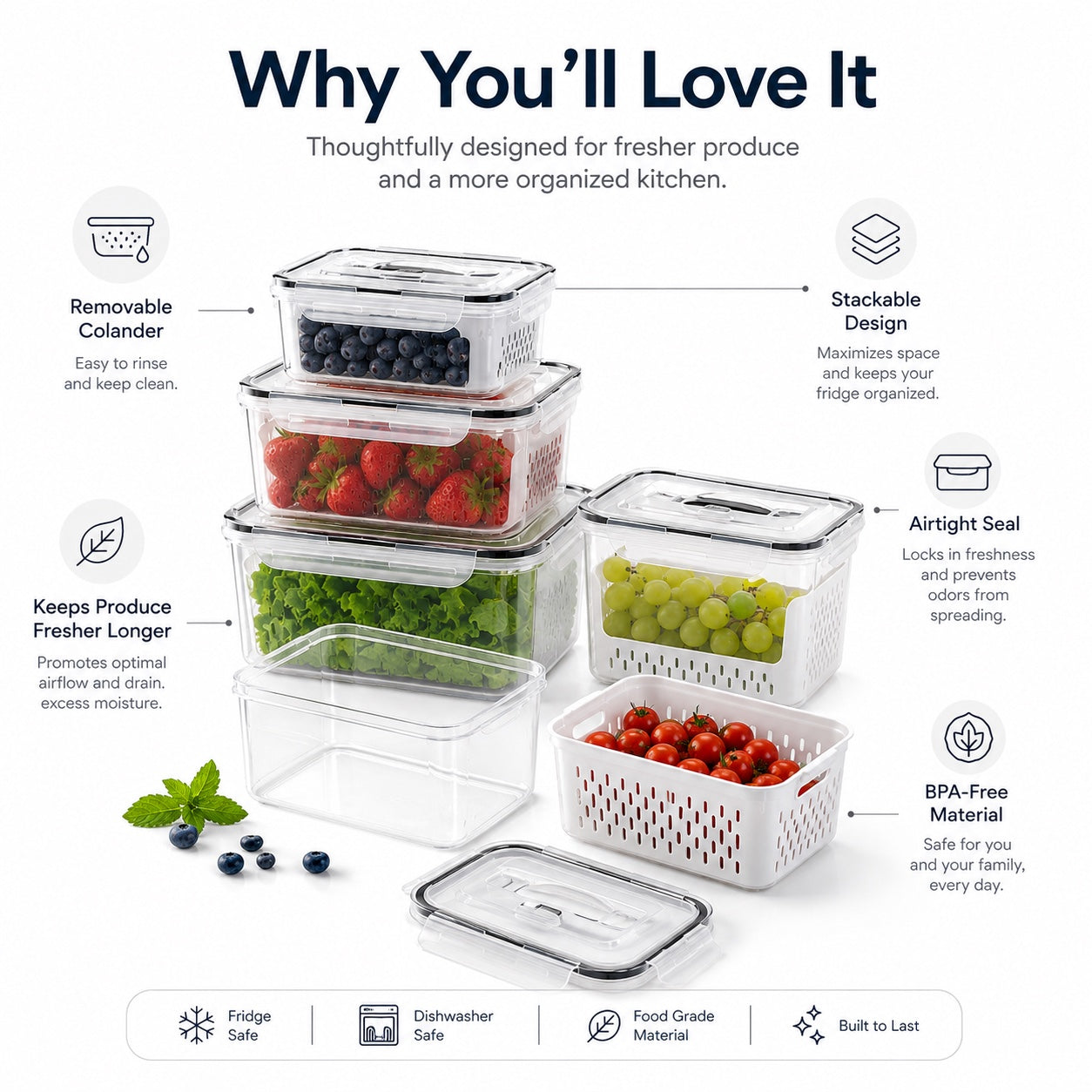 Benefits of Noova produce containers including removable colanders, airtight lids, and stackable storage
