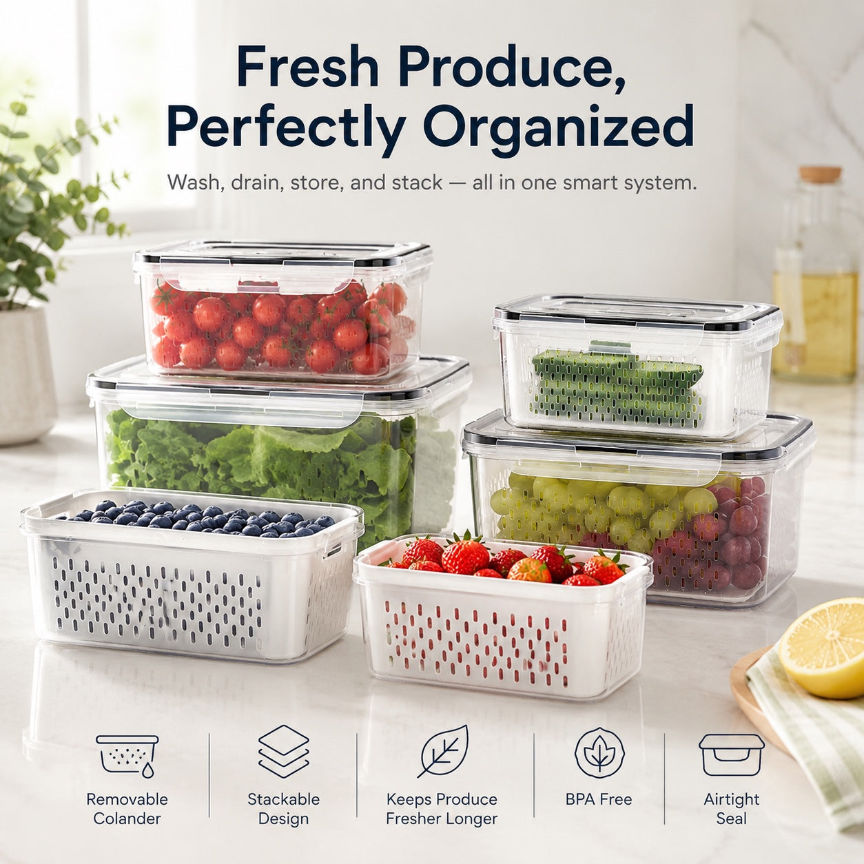 Five Noova produce containers with removable colanders for organized fridge storage