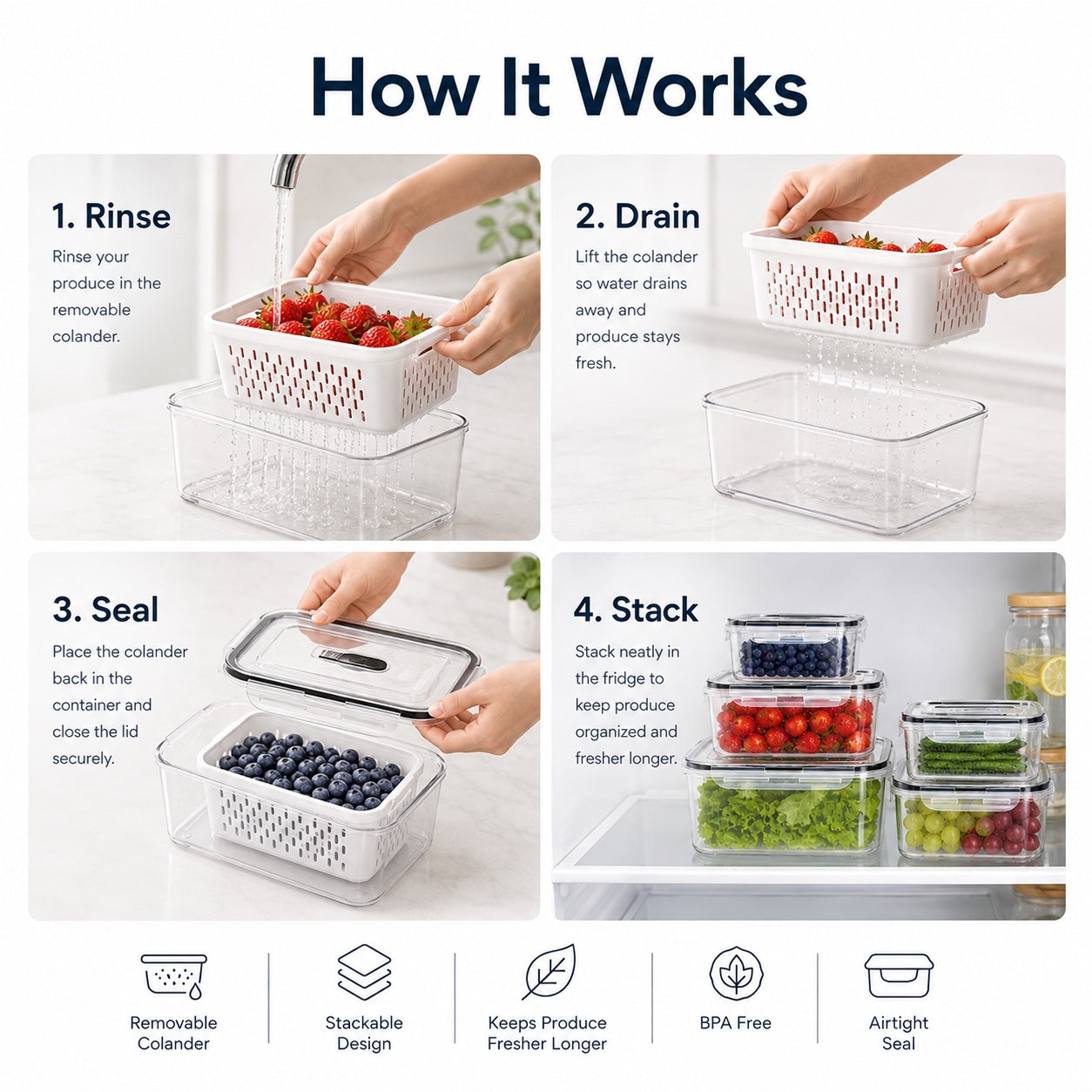 Four-step guide showing how to rinse, drain, seal, and stack produce