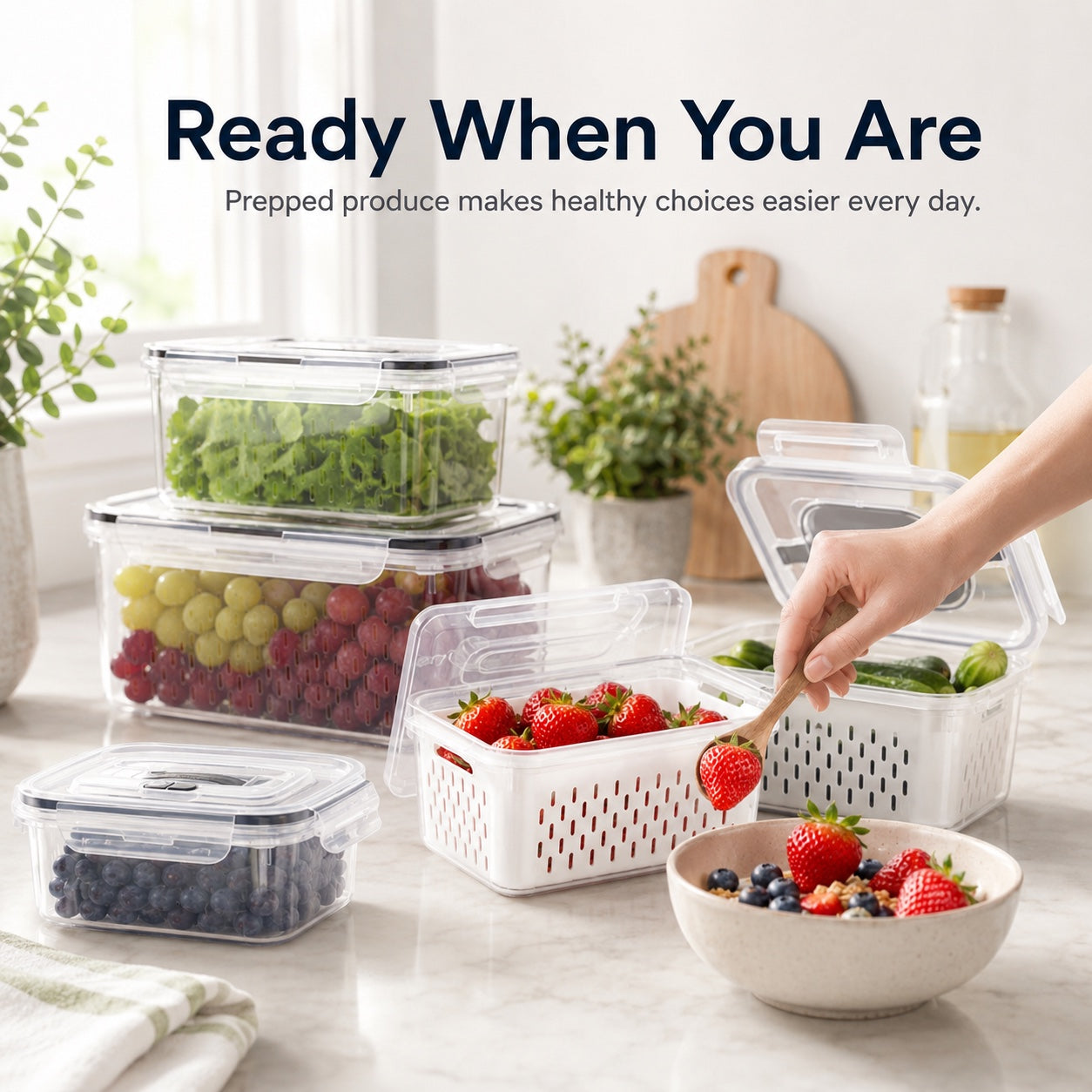 Prepared fruit and vegetables stored in Noova containers and ready to serve