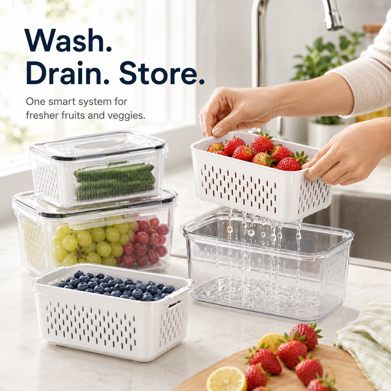 Produce being rinsed and drained in a removable Noova colander